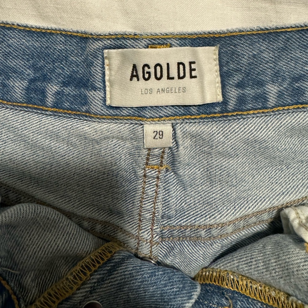 Agolde Light Blue Distressed High-Rise Denim Shorts - Picture 4 of 7